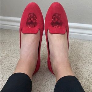 Alexander McQueen red suede skull loafers